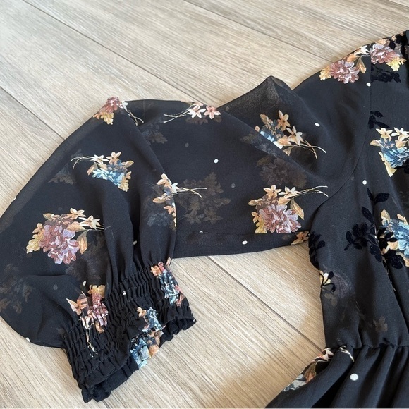 ZARA Black Floral Sheer Chiffon Dress, Midi Oversized Boho Smock Dress, small - Picture 6 of 16